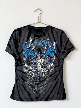 Y2K Grunge Rhinestone Cross Graphic Tee Size L